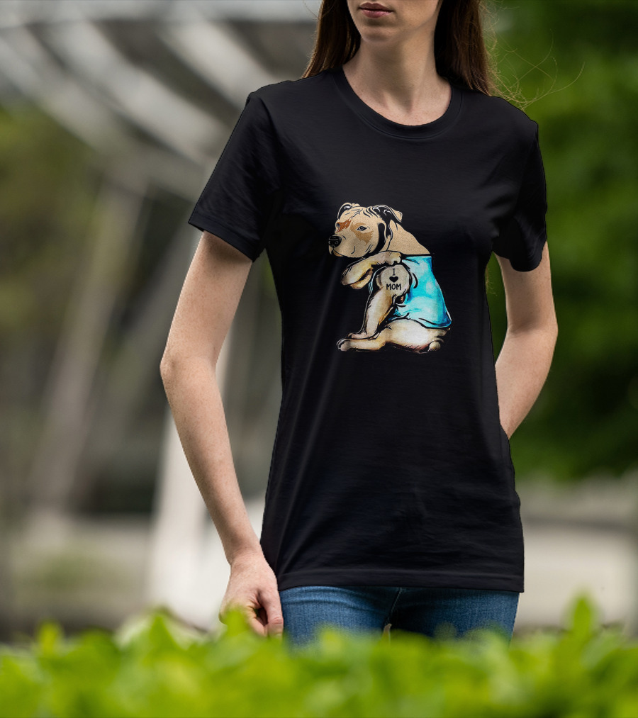 Pit Bull I Love Mom Tattooed Dog In Blue T-Shirt