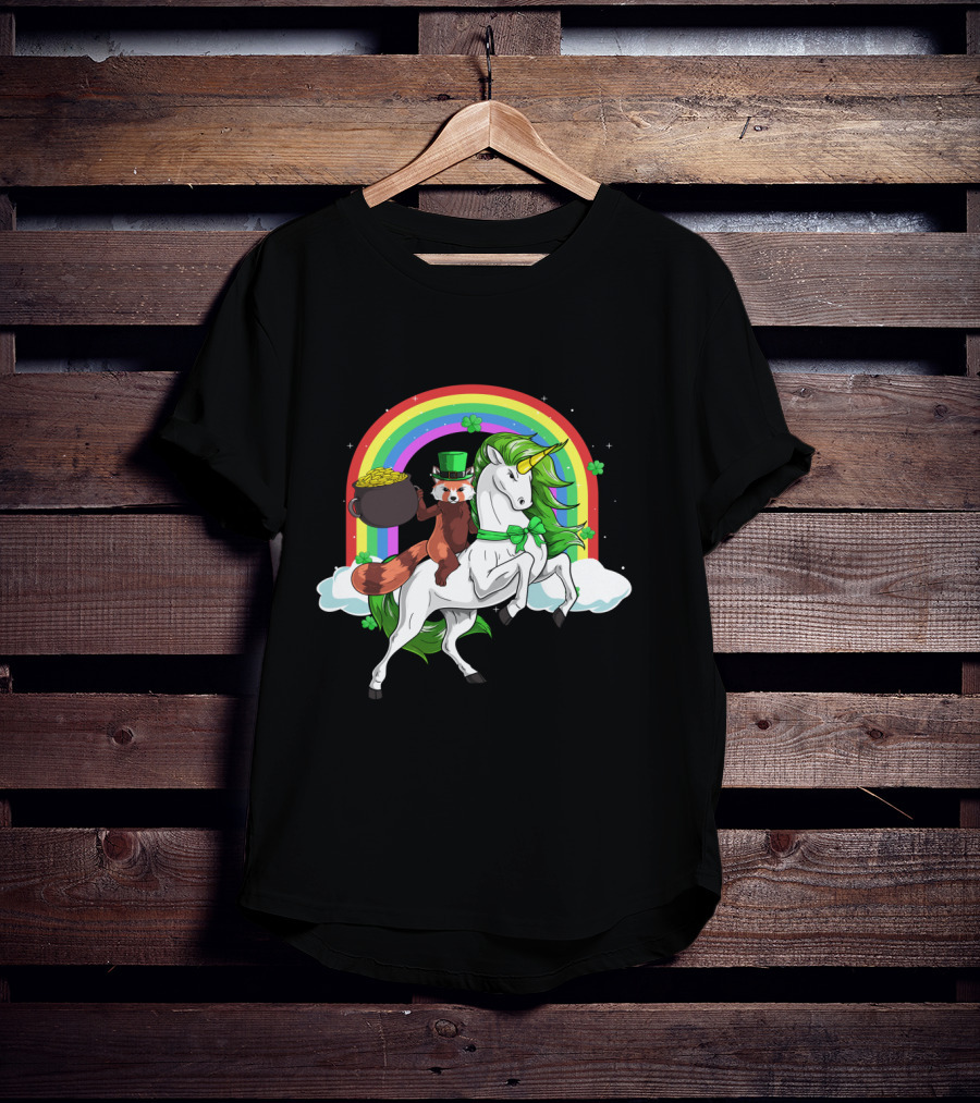 Red Panda Holding Gold On Lepricorn Unicorn With Rainbow T-Shirt