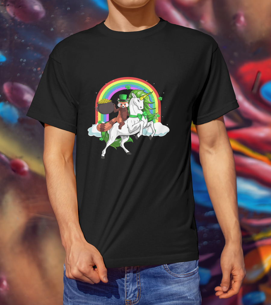 Red Panda Holding Gold On Lepricorn Unicorn With Rainbow T-Shirt