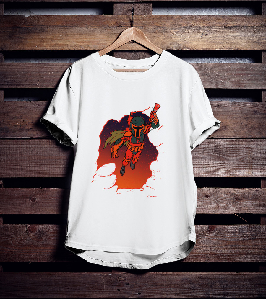 Star Wars Boba Fett Illustrated Blast Mandalorian Jetpack Fire Burst T-Shirt