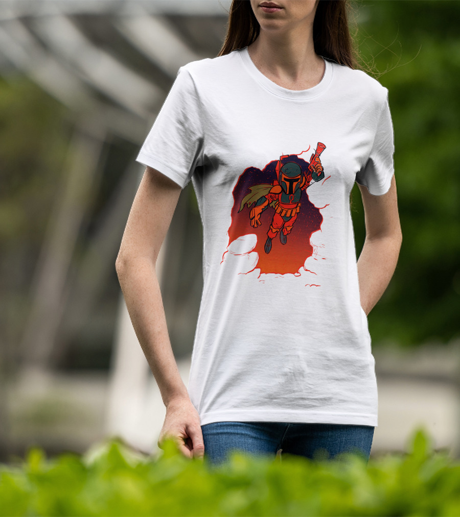 Star Wars Boba Fett Illustrated Blast Mandalorian Jetpack Fire Burst T-Shirt