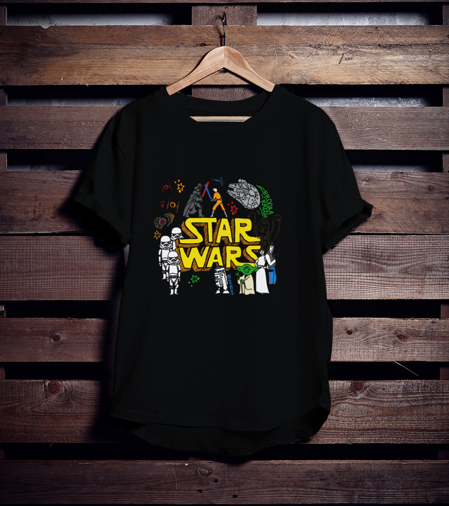 Star Wars Colorful Multi Character Doodle Millennium Falcon Darth Vader Yoda R2-D2 Stormtroopers T-Shirt