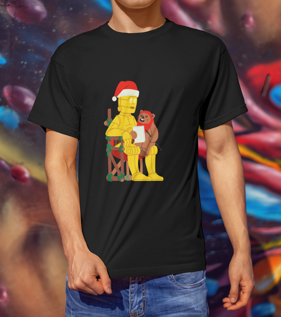 Star Wars Holiday Santa C 3PO And Ewok Christmas Chair Scene T-Shirt