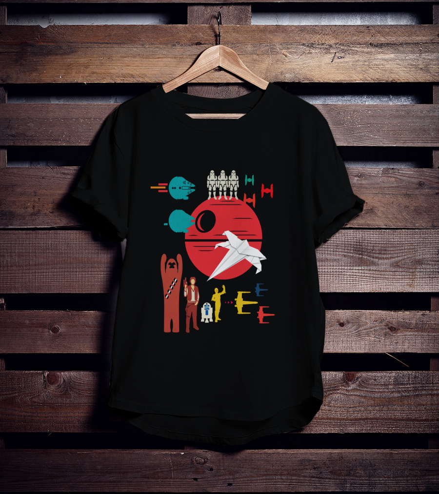 Star Wars Origami Collage Millennium Falcon TIE Fighter Chewbacca R2-D2 T-Shirt
