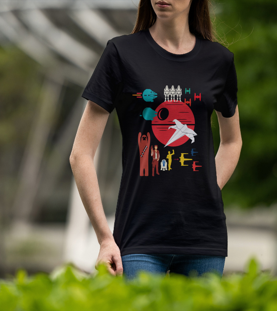 Star Wars Origami Collage Millennium Falcon TIE Fighter Chewbacca R2-D2 T-Shirt