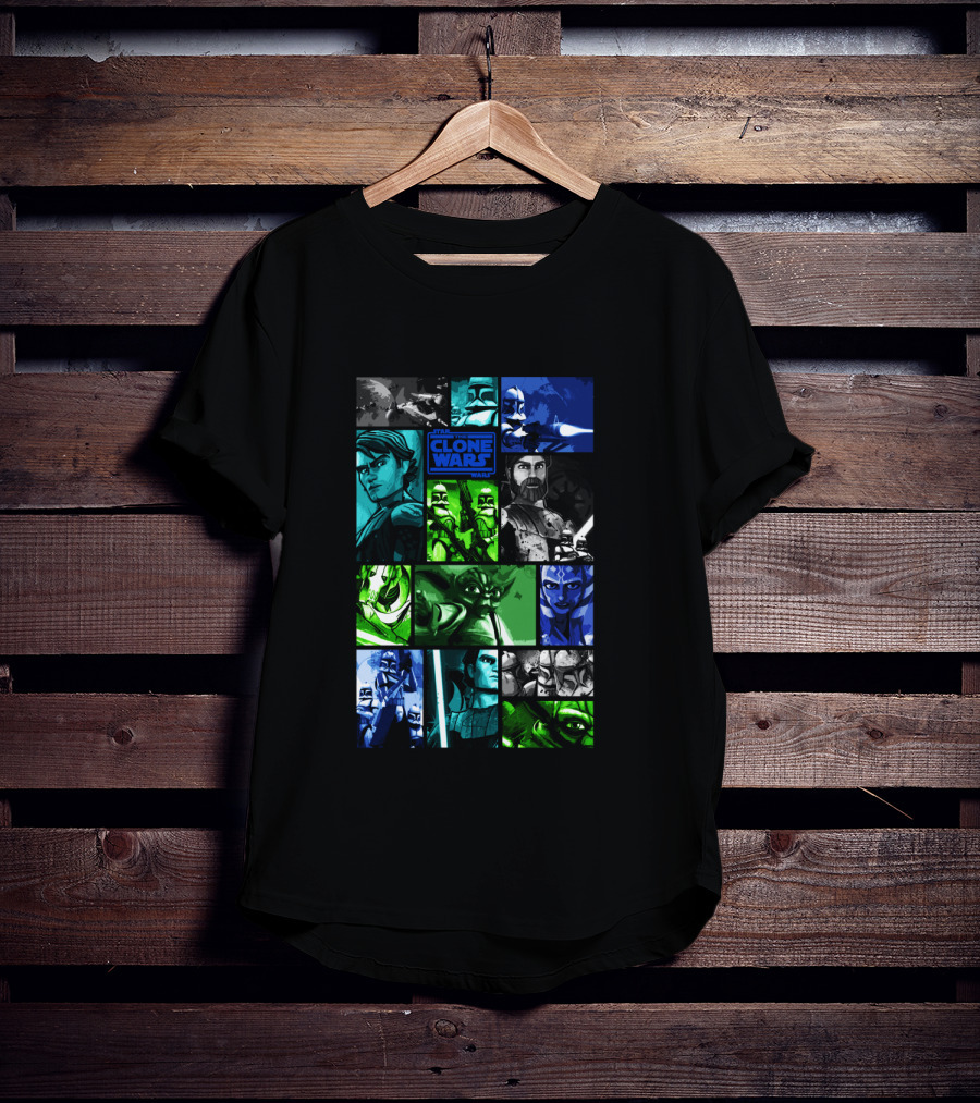 Star Wars The Clone Wars Character Montage Panels Featuring Iconic Heroes And Villains T-Shirt