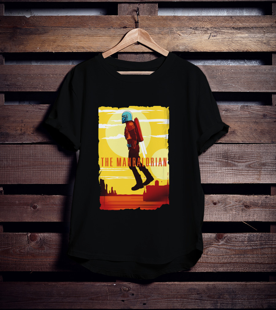 The Mandalorian Jet Pack Floating Scene With Yellow T-Shirt