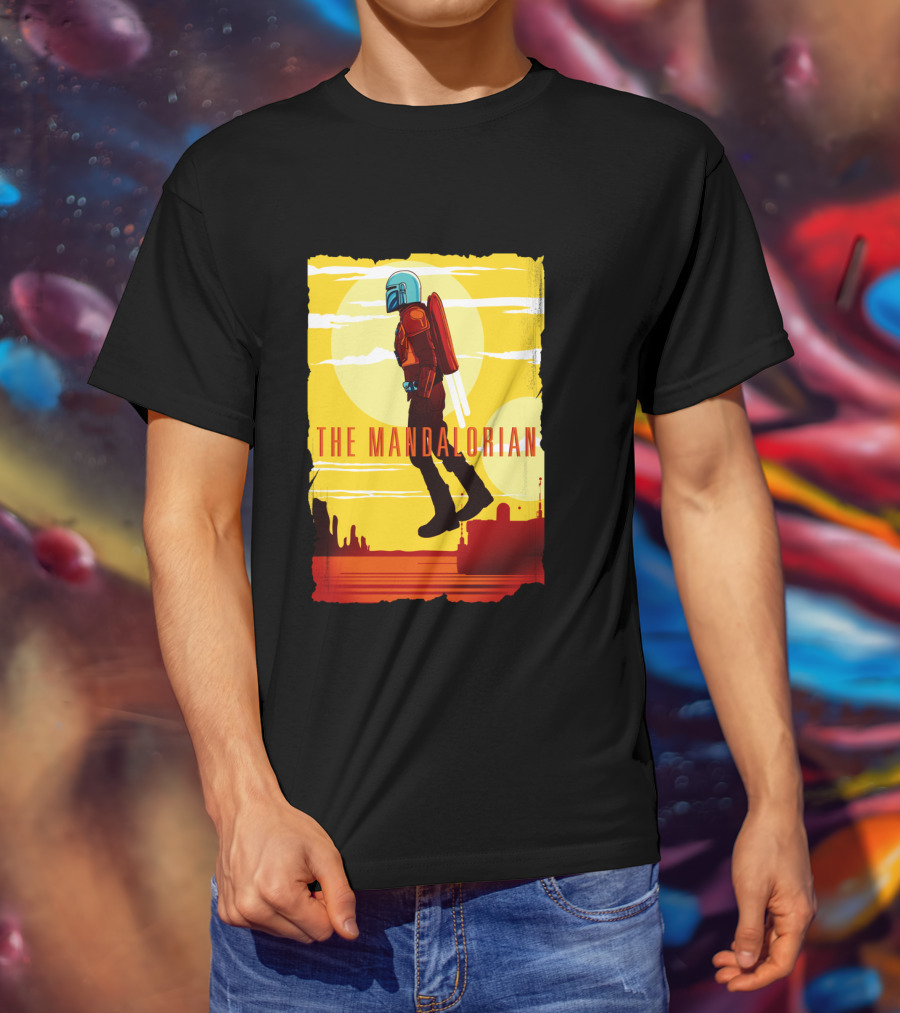 The Mandalorian Jet Pack Floating Scene With Yellow T-Shirt