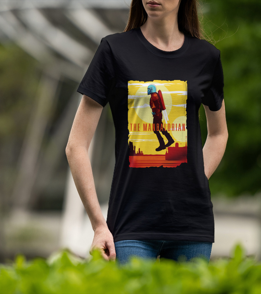 The Mandalorian Jet Pack Floating Scene With Yellow T-Shirt