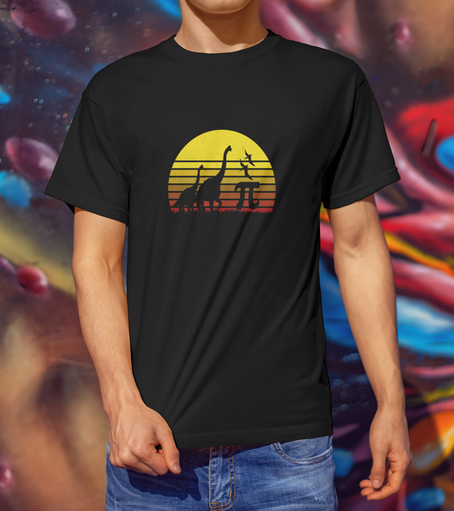 Retro Vintage Dinosaur Pi Day Sunset Scene T-Shirt