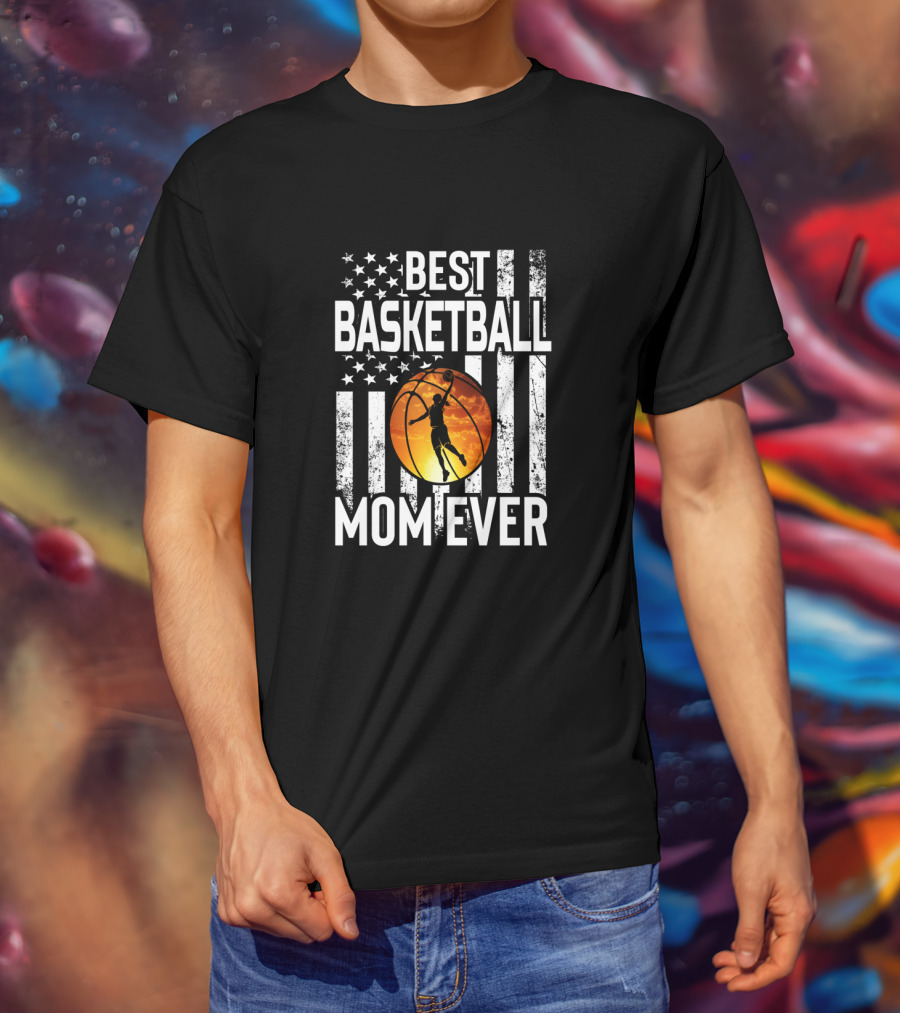 Best Basketball Mom Ever Vintage American Flag Basketball Dunk T-Shirt