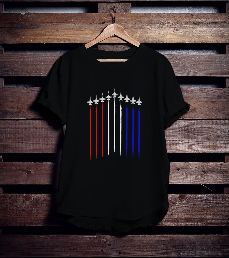 F18 Hornet Schematic Contrails In Red White Blue USA Flag T-Shirt