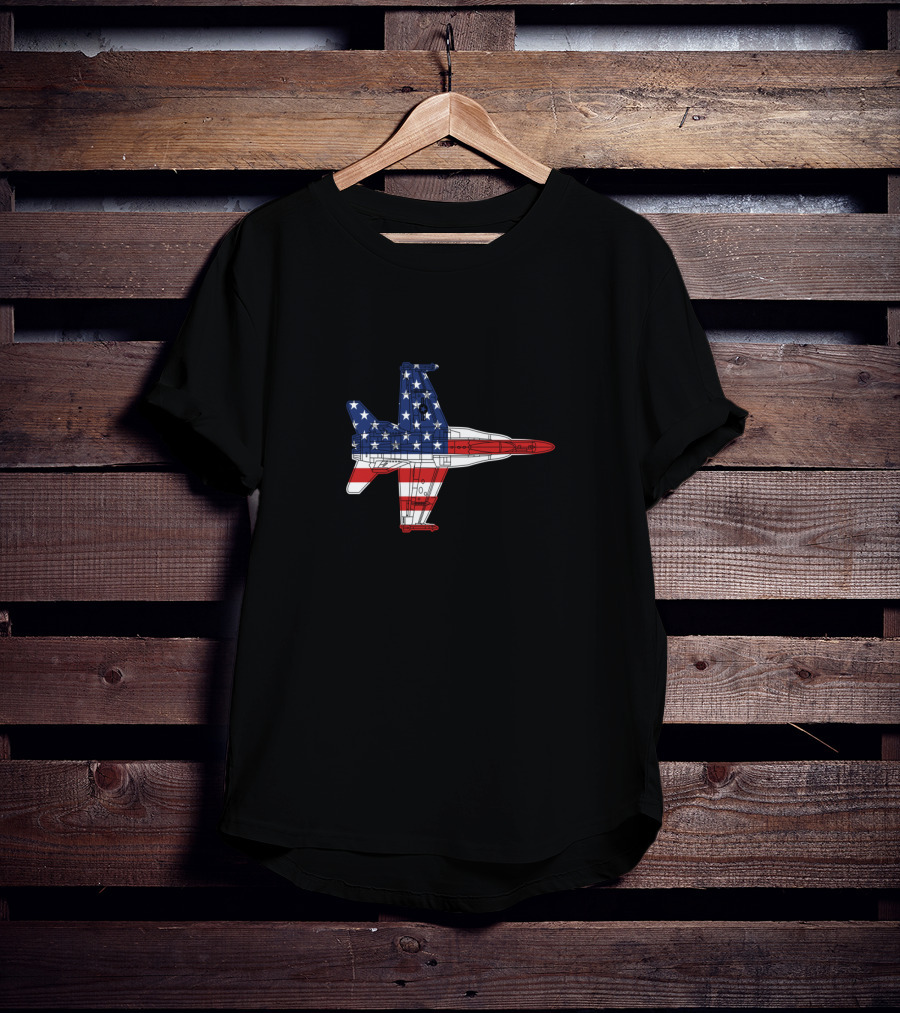 F18 Hornet Military Airplane Schematic American Flag T-Shirt