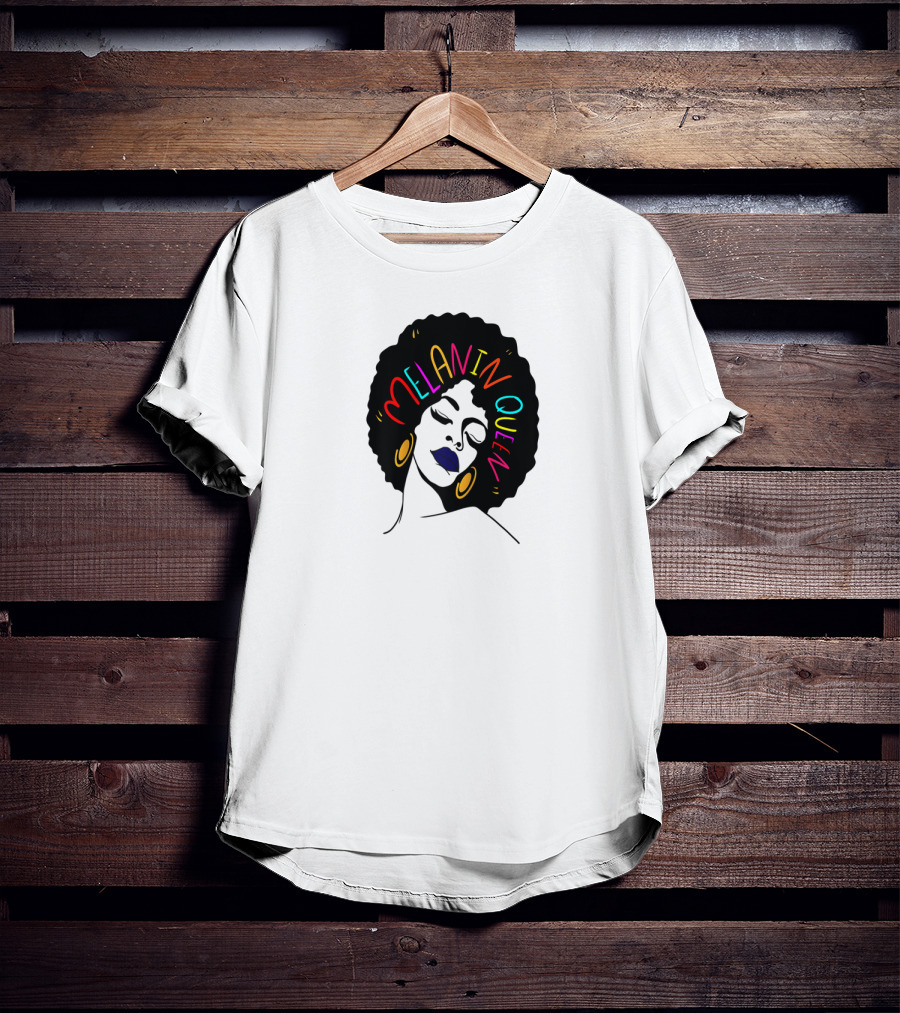 Melanin Queen Afro American Afro Latina Proud Black Woman Raglan Afro Hairstyle Bold Colors Gold Hoop Earrings T-Shirt