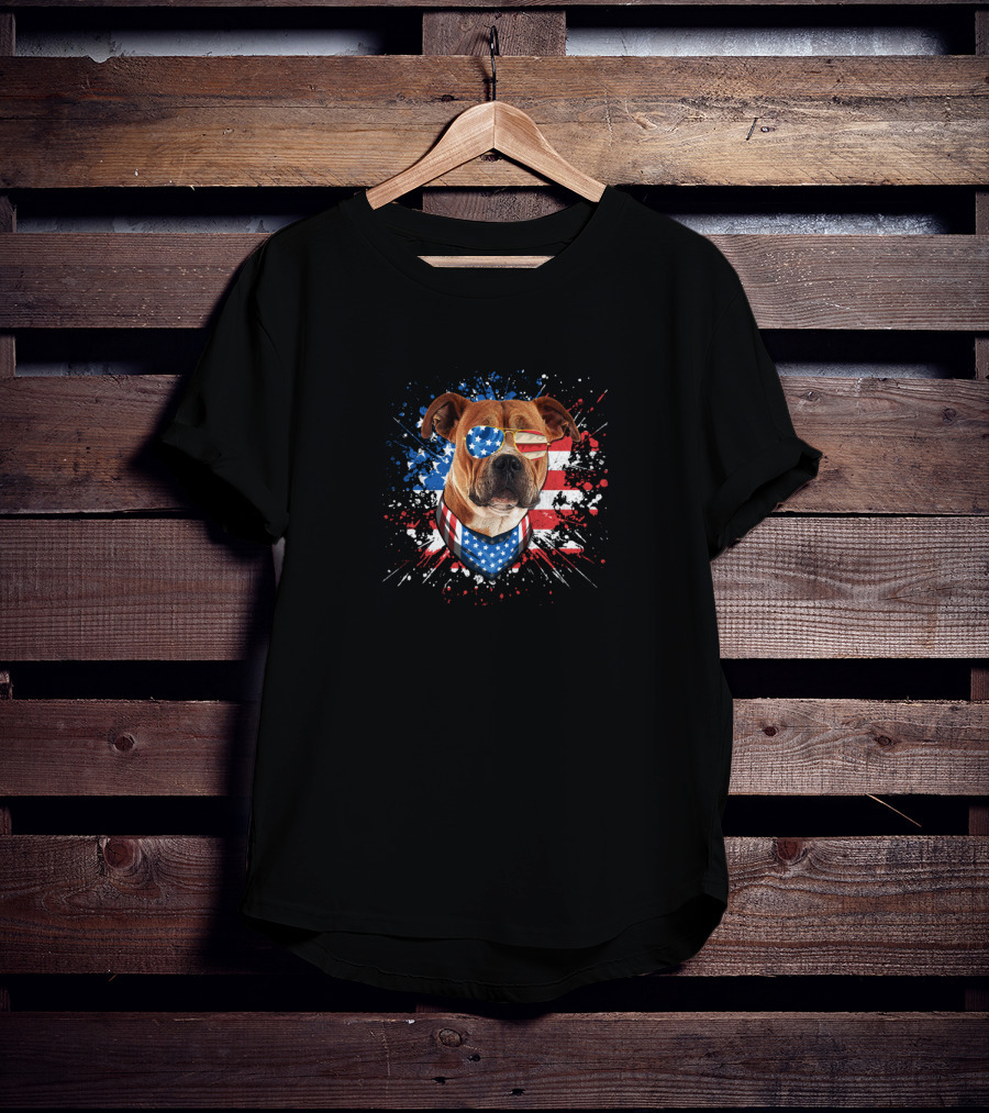 Pitbull Dog Lover American Flag Glasses Bandana Fourth Of July Funny Dog T-Shirt