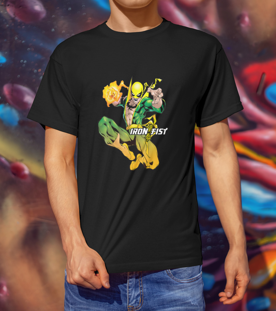 Marvel Iron Fist Dynamic Action Pose With Fiery Punch T-Shirt