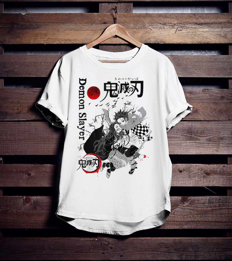 Demon Slayer Black And White Arts Anime With Red Moon T-Shirt
