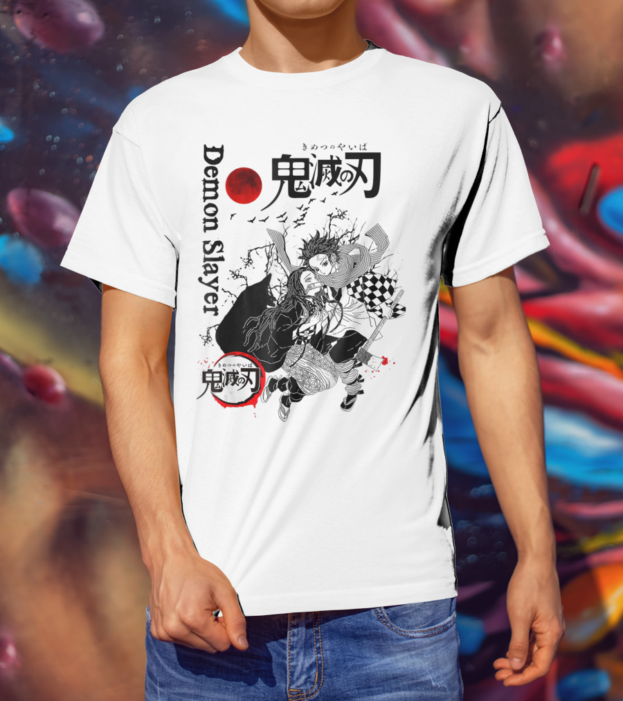 Demon Slayer Black And White Arts Anime With Red Moon T-Shirt