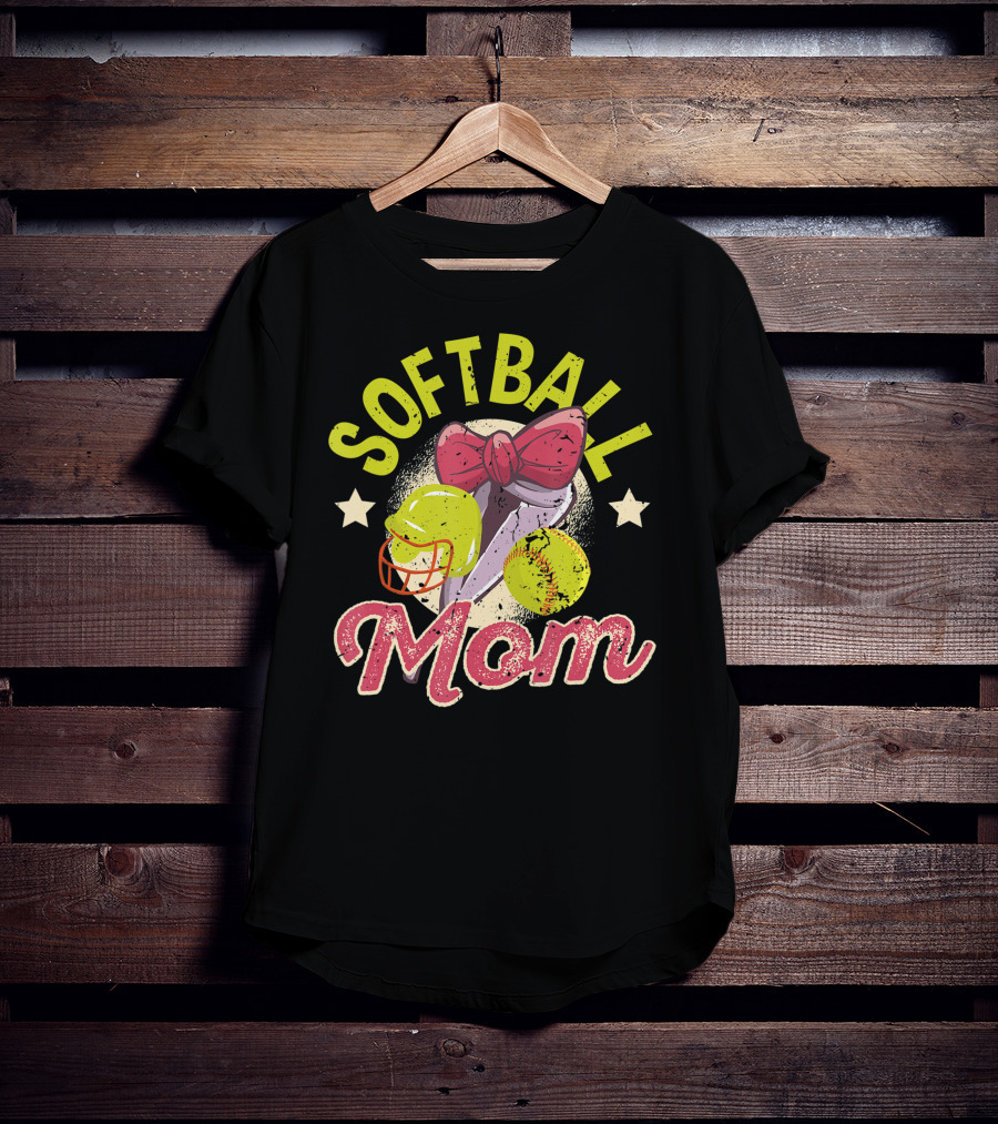 Softball Mom Mother's Day Softball Mama Bow Helmet Ball T-Shirt
