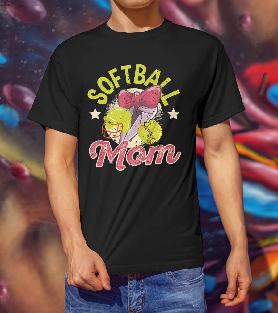 Softball Mom Mother's Day Softball Mama Bow Helmet Ball T-Shirt
