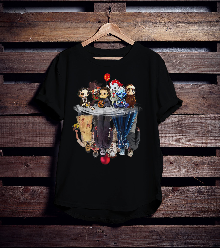 Cute Horror Movie Chibi Character Water Reflection Iconic Figures T-Shirt