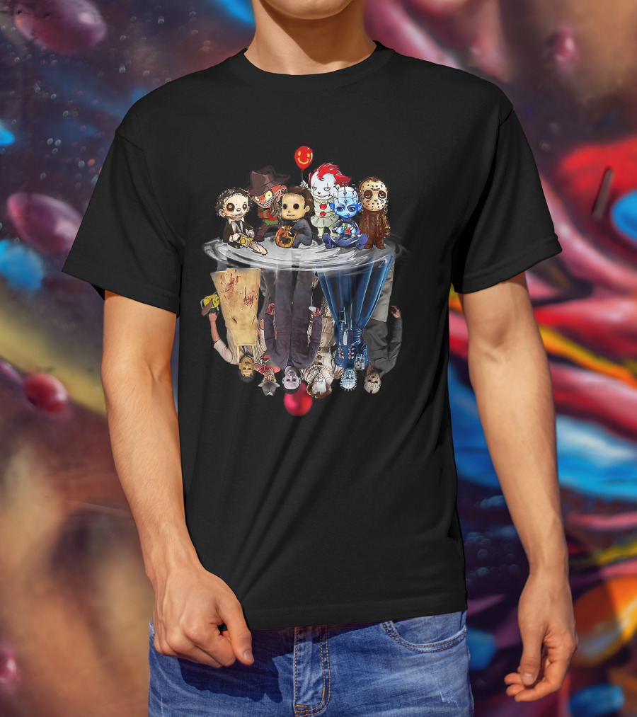 Cute Horror Movie Chibi Character Water Reflection Iconic Figures T-Shirt