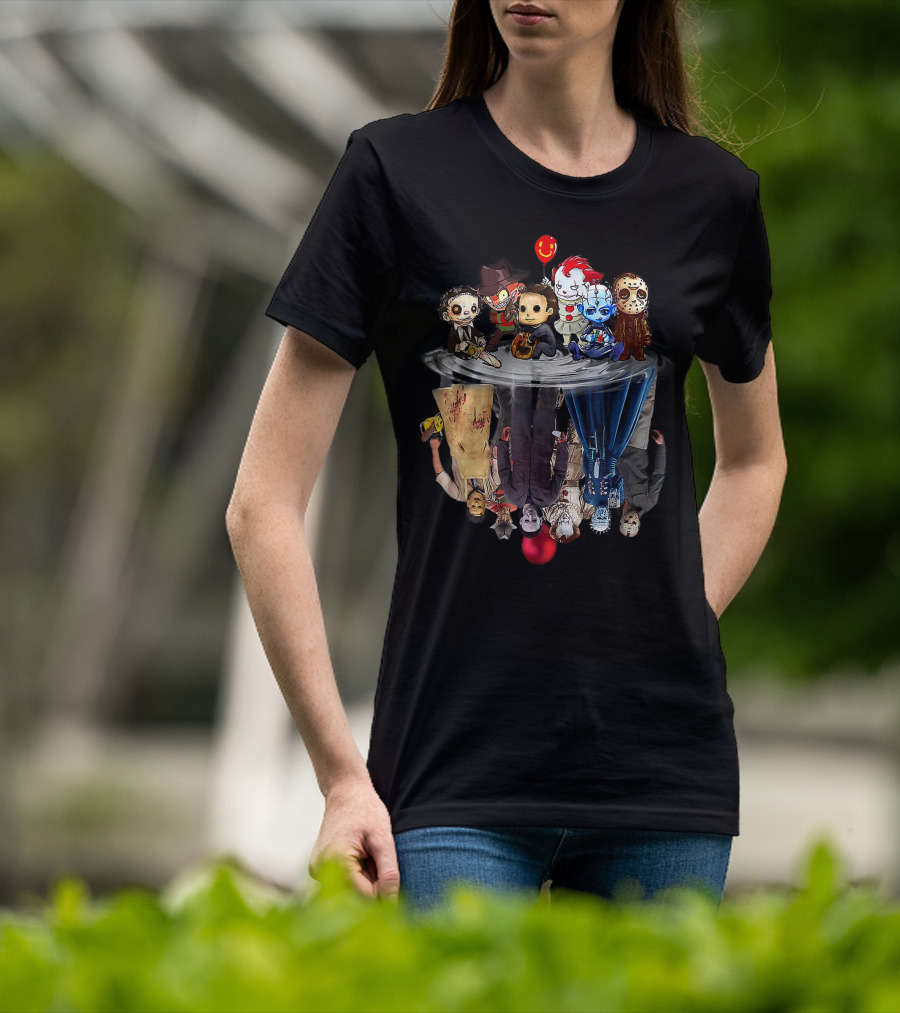 Cute Horror Movie Chibi Character Water Reflection Iconic Figures T-Shirt