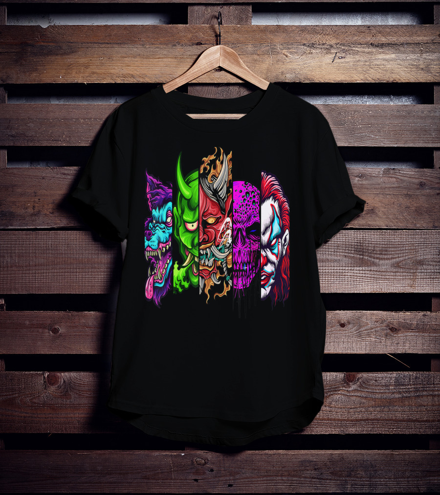 Evil Demons Horror Creatures Scary Halloween Monster Faces T-Shirt