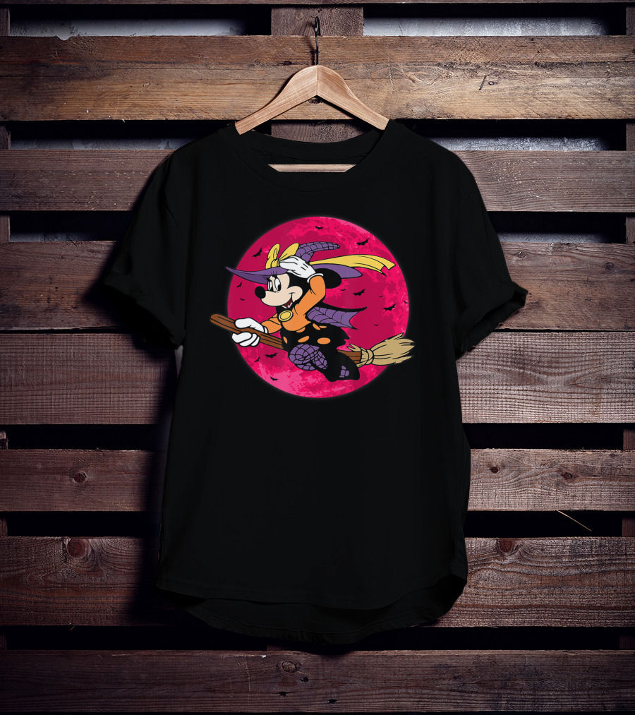 Happy Halloween Witch Costume Broomstick Against Pink Moon With Bats T-Shirt
