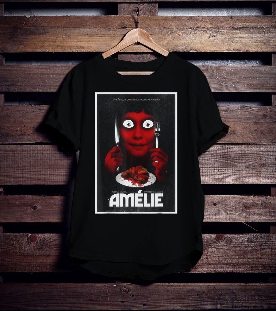 Amélie Horror Parody Audrey Tautou Matthieu Kassovitz Creepy Croissant T-Shirt