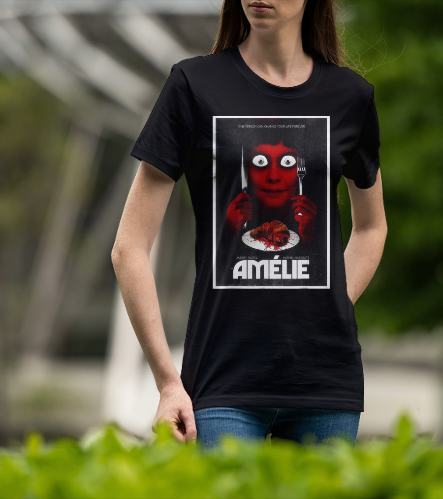 Amélie Horror Parody Audrey Tautou Matthieu Kassovitz Creepy Croissant T-Shirt