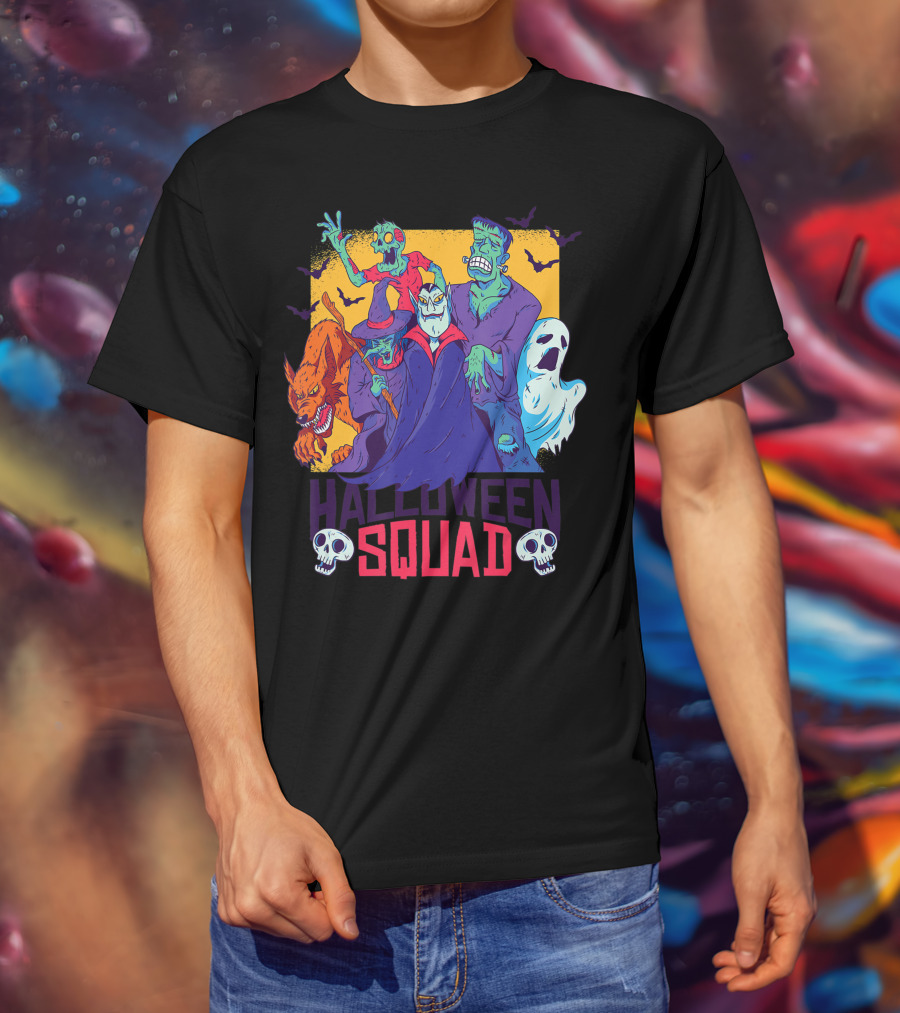 Halloween Squad Funny Horror Characters Vampire Wolf Zombie Ghost Monster T-Shirt