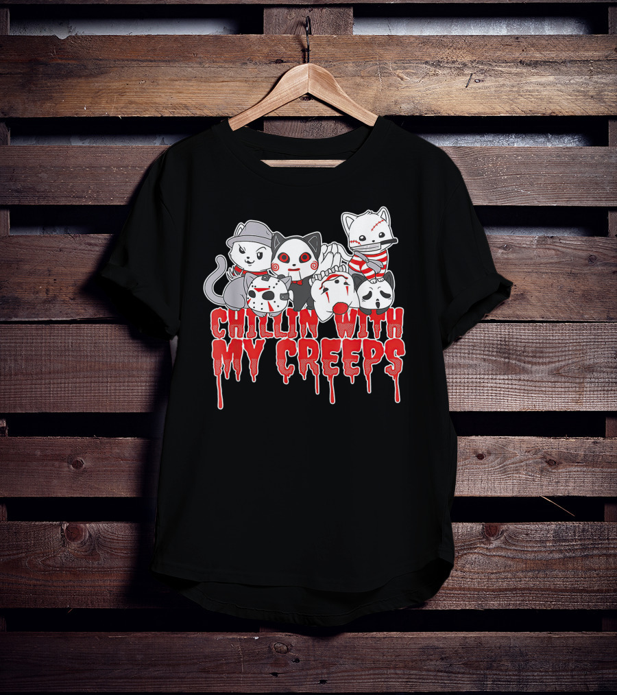 Chillin With My Creeps Halloween Cats In Costumes T-Shirt