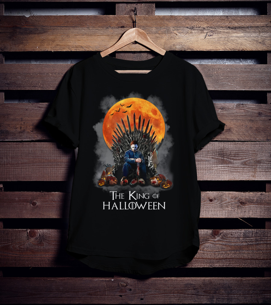 The King Of Halloween Horror Characters On Throne With Full Moon And Pumpkins T-Shirt