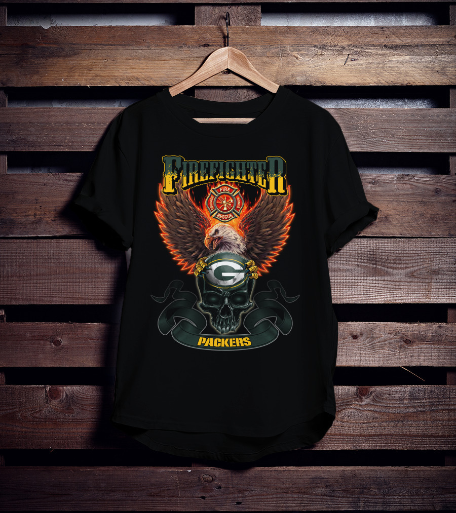 Firefighter Fire Rescue Eagle Green Bay Packers Skull T-Shirt
