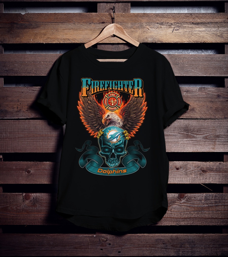 Firefighter Fire Rescue Eagle Miami Dolphins Skull T-Shirt
