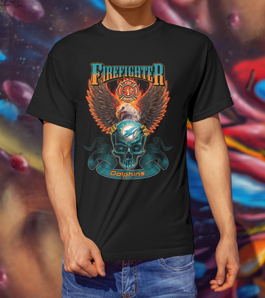 Firefighter Fire Rescue Eagle Miami Dolphins Skull T-Shirt