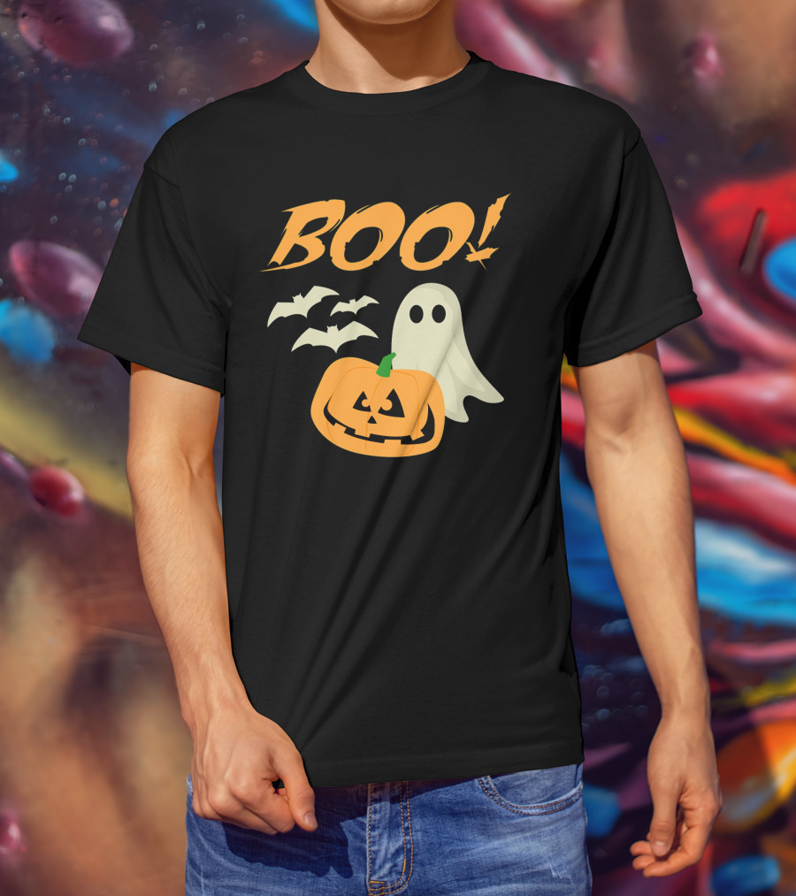 Boo Halloween Ghost Bats Jack O Lantern Spooky Scene T-Shirt
