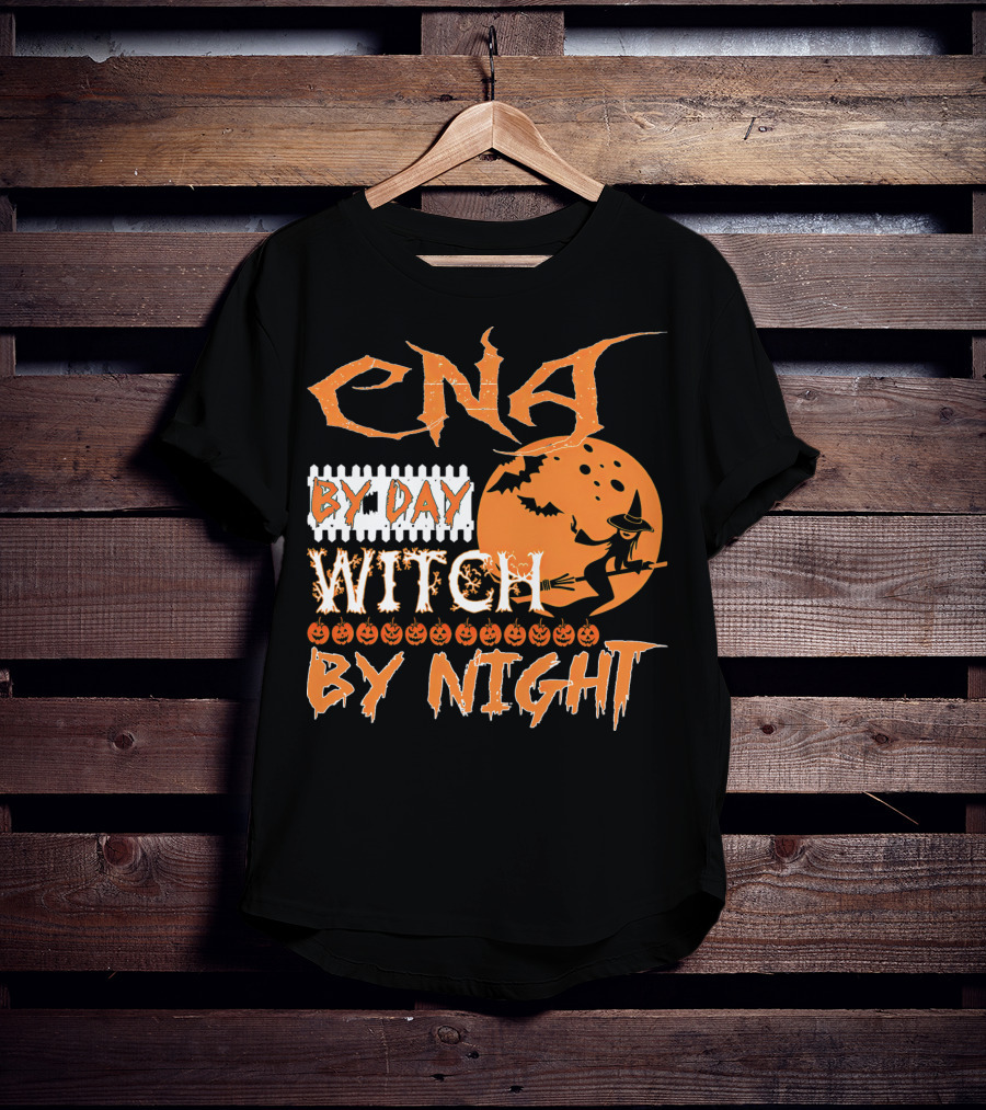 CNA By Day Witch By Night Flying Witch On Broom With Pumpkins And Bats T-Shirt