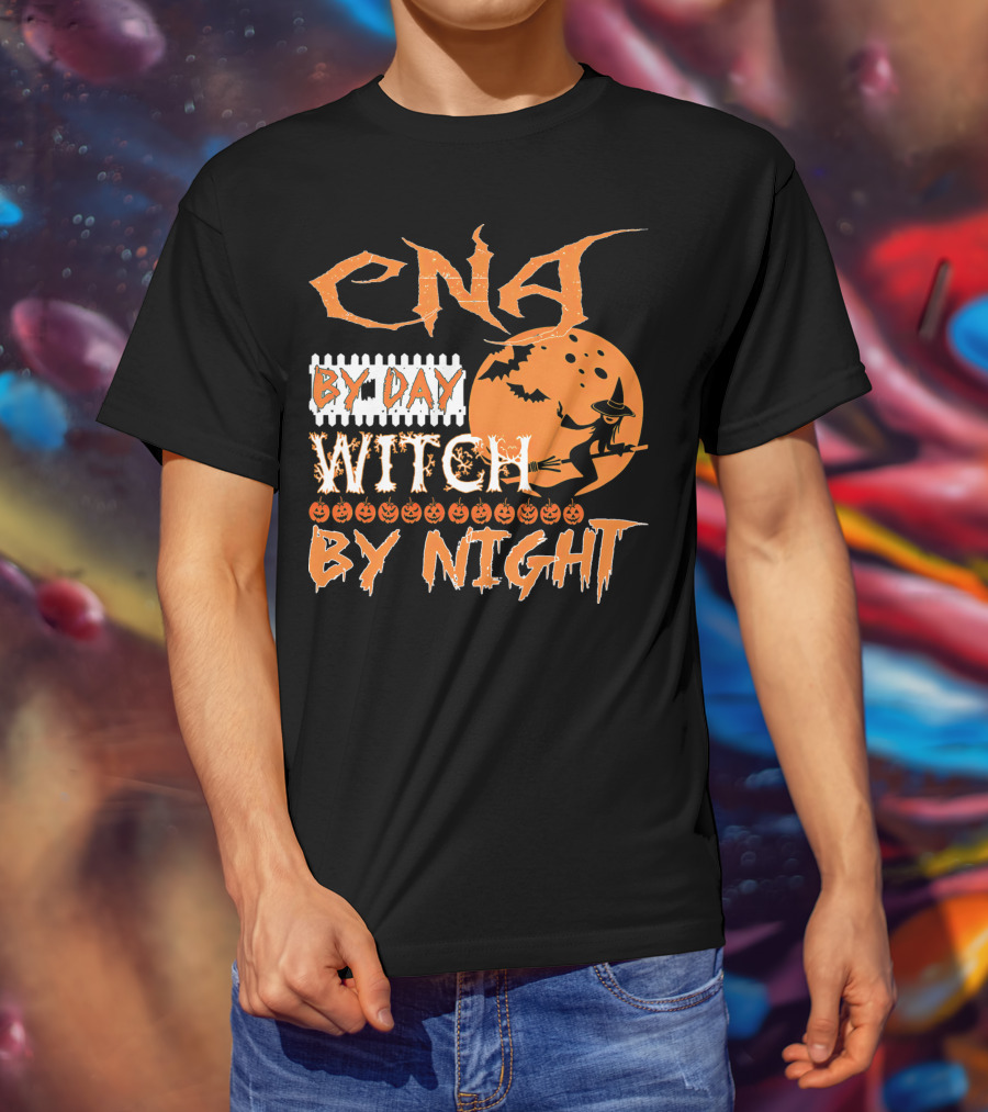 CNA By Day Witch By Night Flying Witch On Broom With Pumpkins And Bats T-Shirt