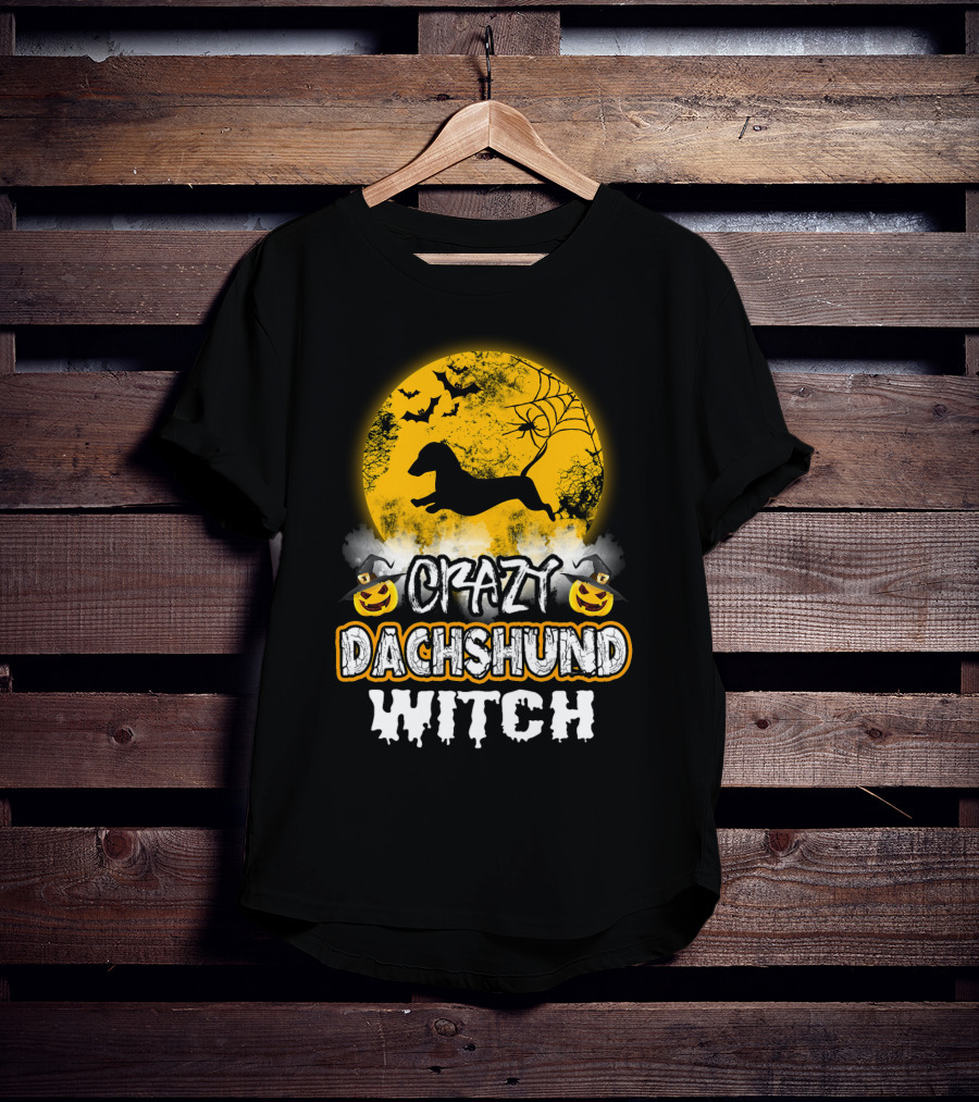 Crazy Dachshund Witch Moon Bats Pumpkin T-Shirt