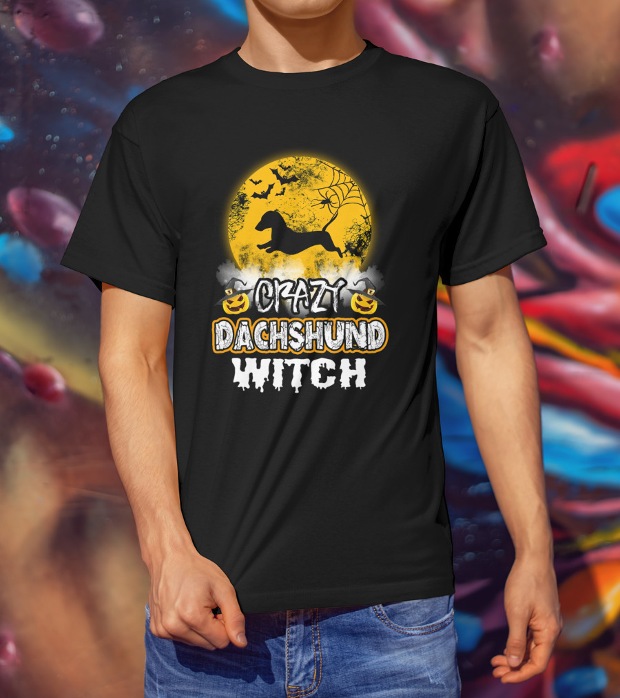 Crazy Dachshund Witch Moon Bats Pumpkin T-Shirt