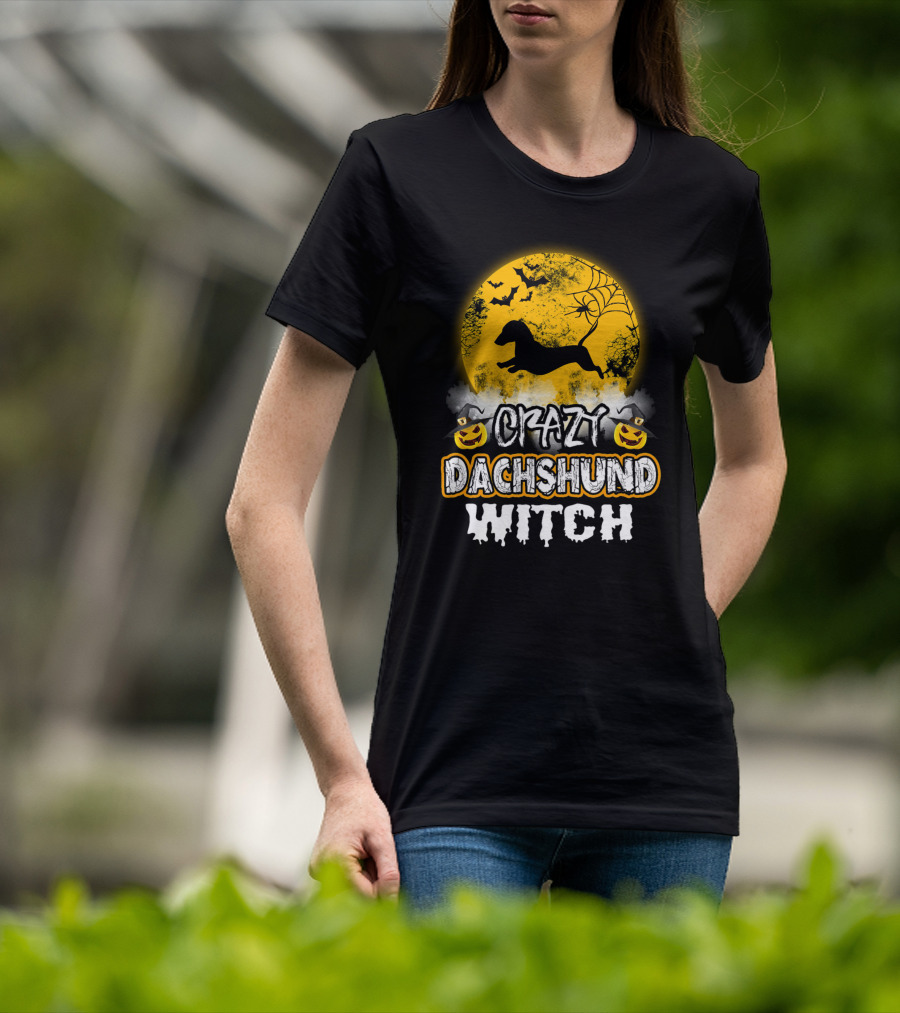 Crazy Dachshund Witch Moon Bats Pumpkin T-Shirt