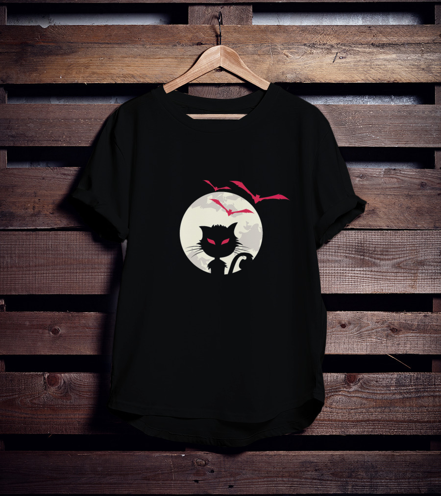 Cute Cat Silhouette With Red-Eyed Bats And Full Moon T-Shirt