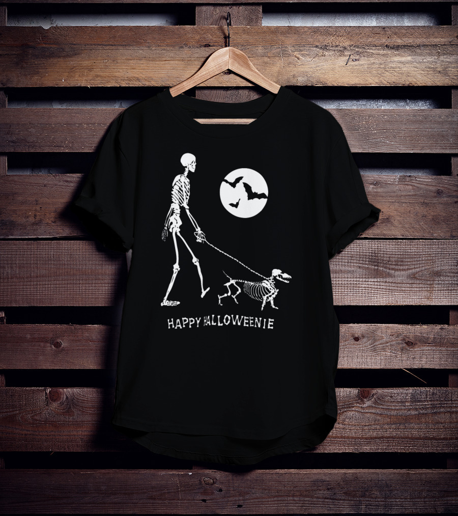 Happy Halloweenie Dachshund Skeleton Moon Bats T-Shirt