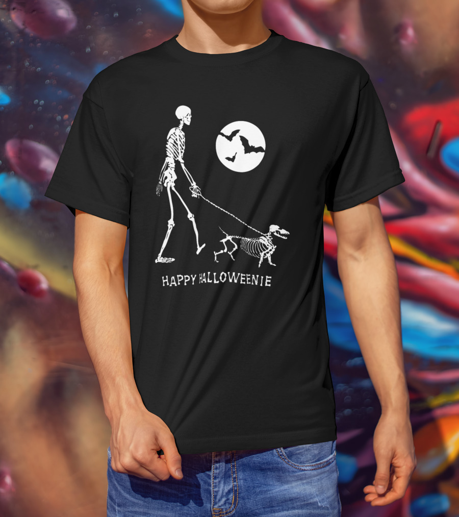 Happy Halloweenie Dachshund Skeleton Moon Bats T-Shirt
