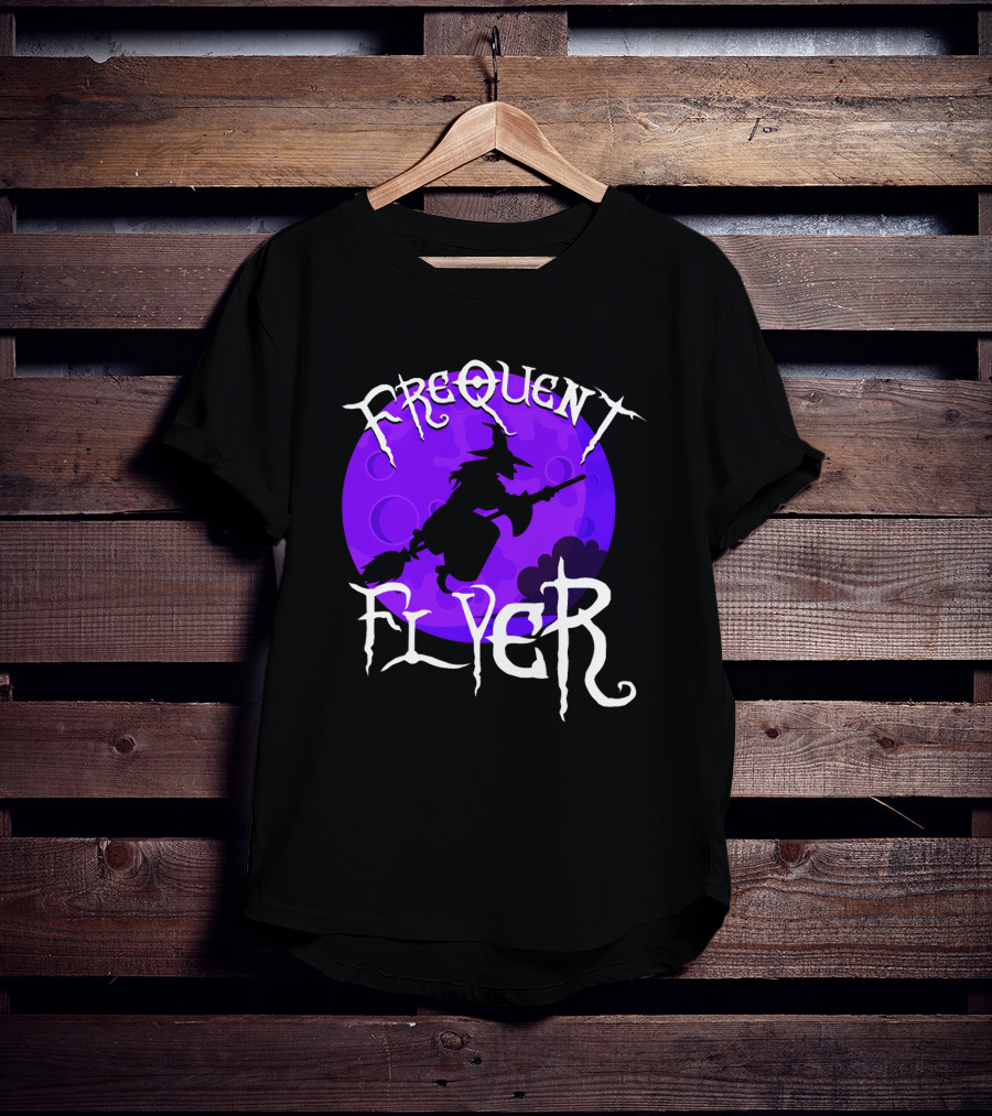 Frequent Flyer Witch Broom Silhouette Against Purple Moon T-Shirt