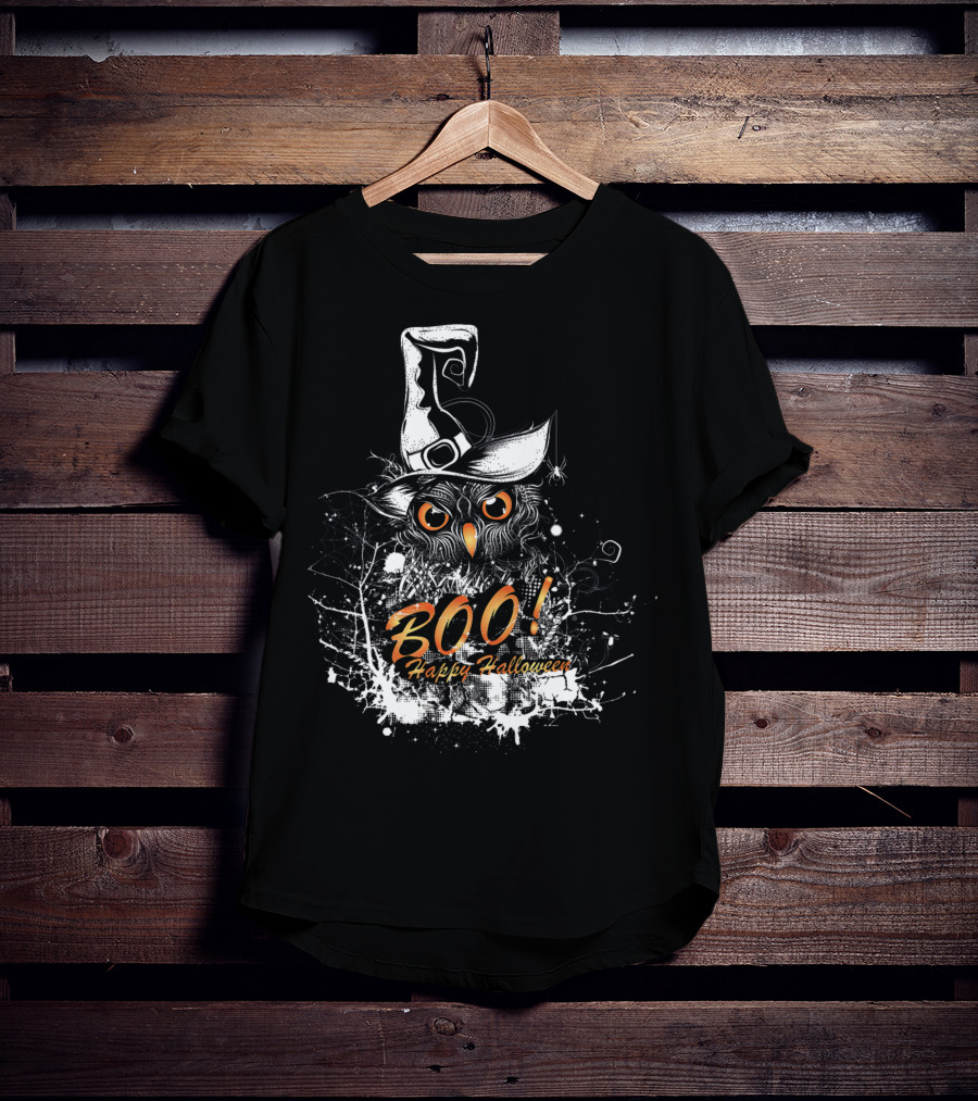 BOO Happy Halloween Owl With Witch Hat T-Shirt