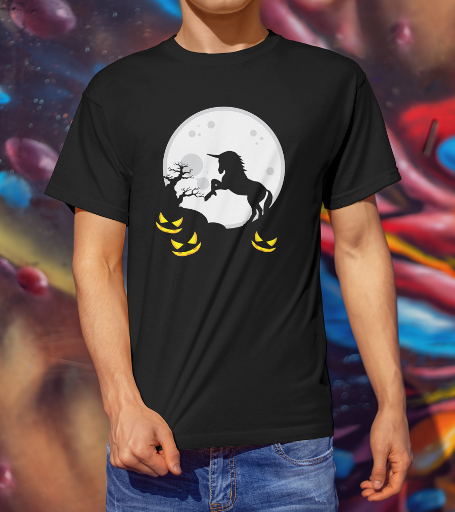 Halloween Unicorn And Jack-O'-Lanterns Full Moon Scene T-Shirt