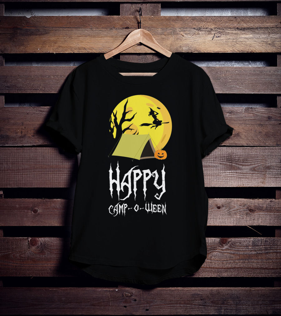 Happy Camp O Ween With Witch And Pumpkin Camping Under Full Moon T-Shirt
